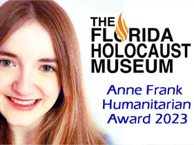 Cassidy Miller next to the Florida Holocost Museum logo